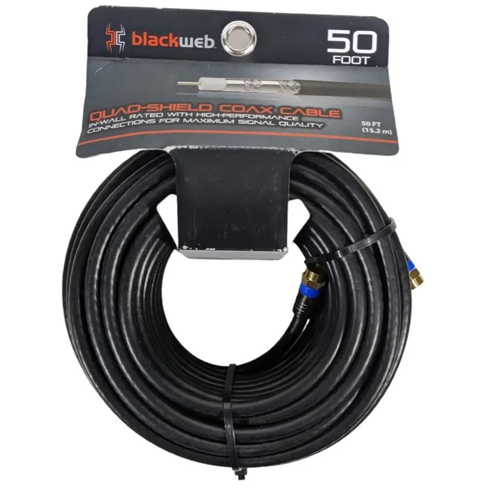 50 Foot Coax Cable BLACK WEB Blackweb 18 AWG Quad Shield Cable TV Internet Modem